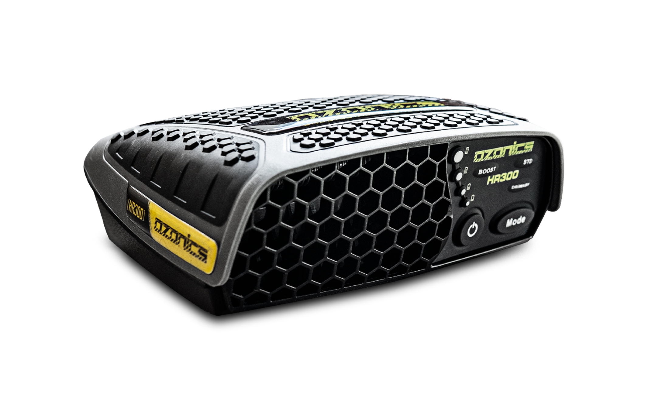 HR300 Scent-Eliminating Ozone Generator (2nd Gen) with black and yellow color scheme, featuring digital controls and honeycomb output grill.